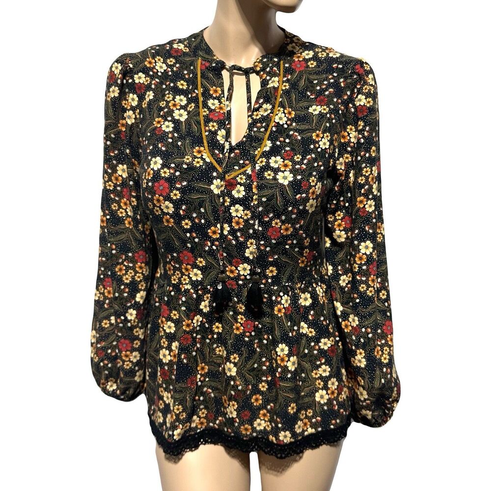 Farm Rio Anthropologie Peplum Top Floral Tie Neck Tasseled Size M Medium